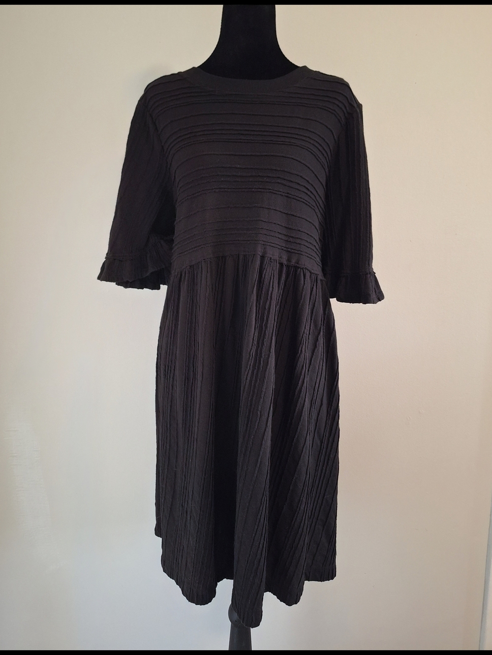 Terra & Sky Black Textured Dress with Ruffle Sleeves